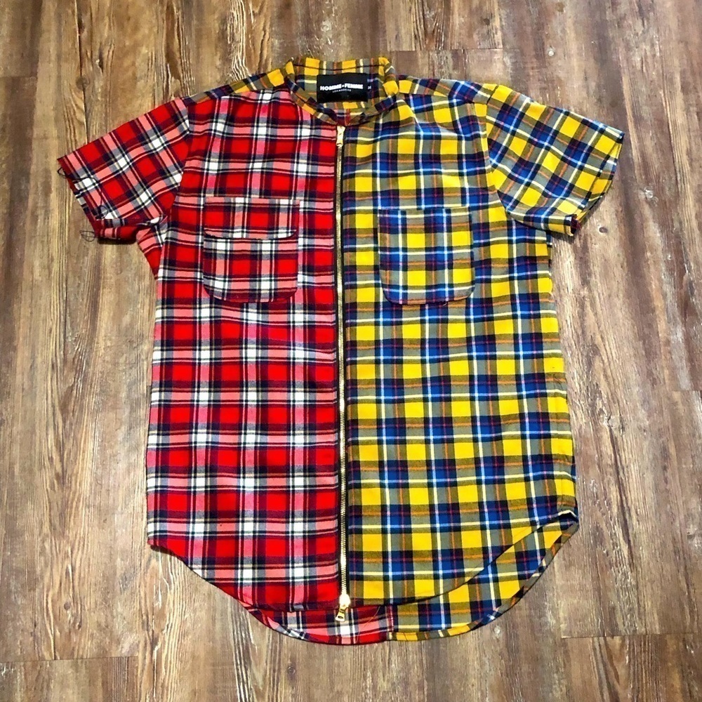 Homme + Femme Shirt Men's Medium Dual Plaid Two Pocket Raw Hem Zip Up